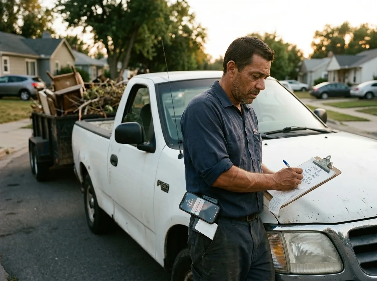 Home-service business owner standing curbside next to his white pickup truck, leaning a clipboard against the hood and writing a quote onto the back of a crumpled receipt with a ballpoint pen, a small loaded dump trailer hitched behind, residential street in the late-afternoon golden hour.
