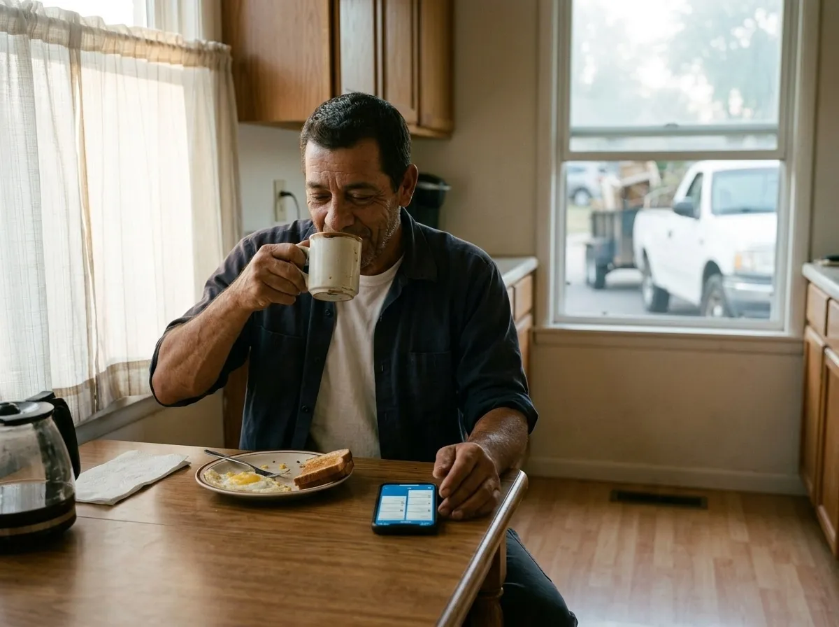 The same operator the next morning, sitting at a simple wooden kitchen table with a coffee mug in hand, a smartphone on the table showing a calm pipeline board glowing softly, his white pickup parked outside the kitchen window in soft focus.