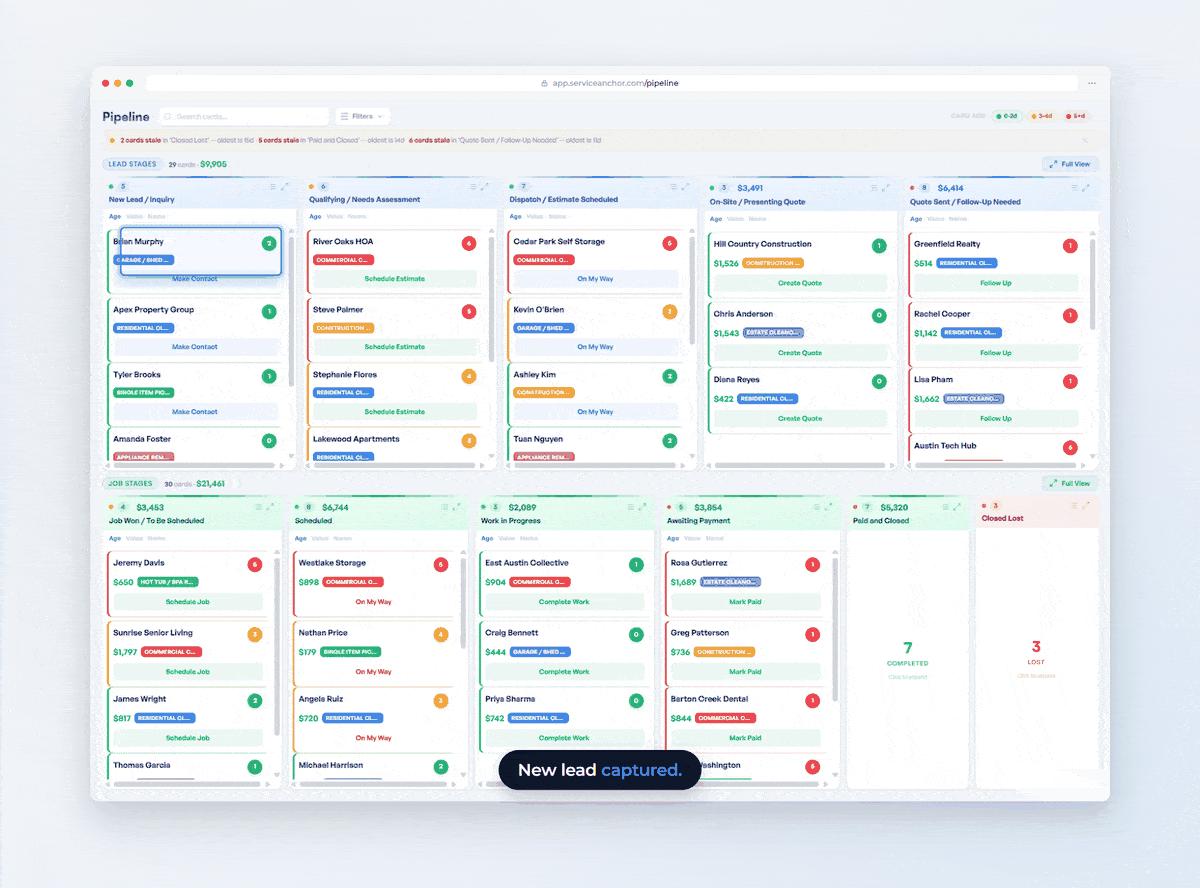 Animated pipeline board showing a card moving through all 11 stages from New Lead captured to Paid Closed, illustrating Service Anchor auto-promoting work through the sales and job lifecycle.