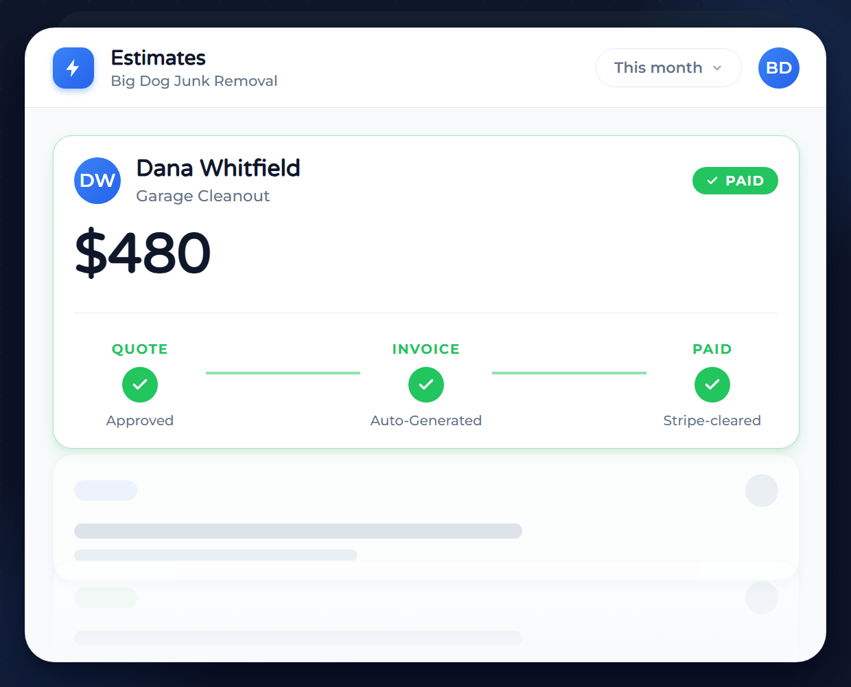 Three documents fanned in a stack: a Quote marked Approved, an Invoice marked Auto-Generated, and a Paid invoice for $480 marked Stripe-cleared