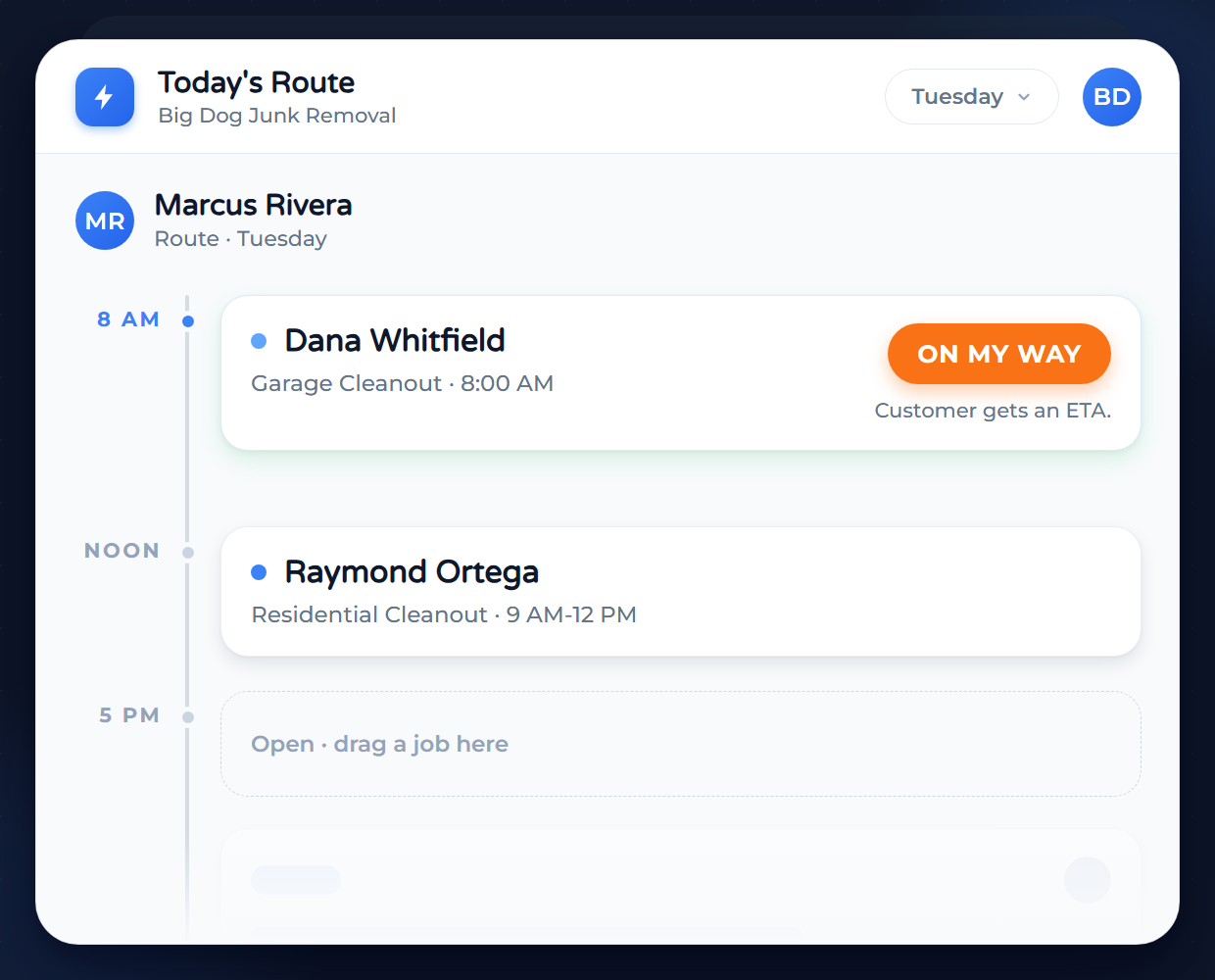 Marcus Rivera's Tuesday schedule with both jobs placed, Raymond Ortega and Dana Whitfield, and an ON MY WAY chip fired beside the 8 AM slot
